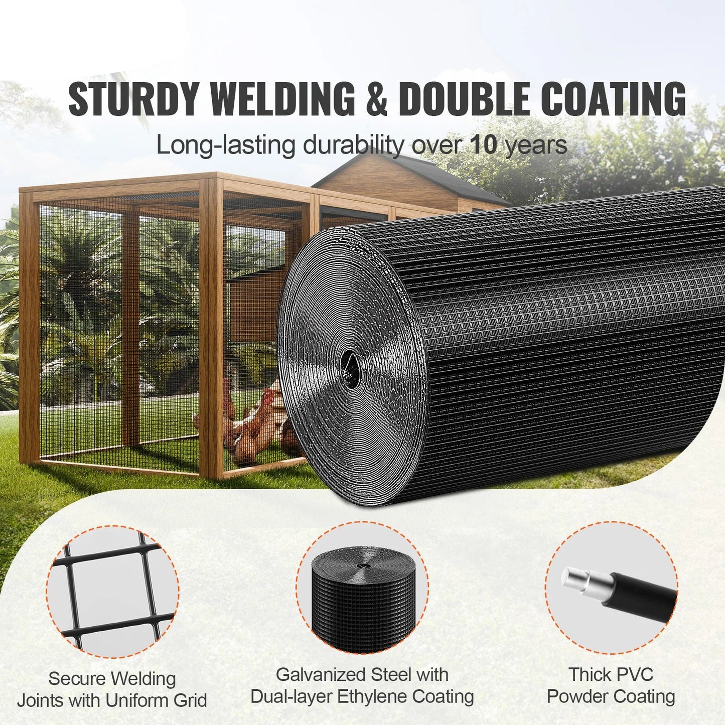 Tuingaas - Kippengaas - Kippengaas - Vogelgaas - Vogelnet - Gegalvaniseerd Gaasrol - 48"x50ft – 16Ga Met Vinylcoating – Stevig Metaaldraad Rooster voor Kippenren, Tuinomheining of Dierverblijf - Zwart