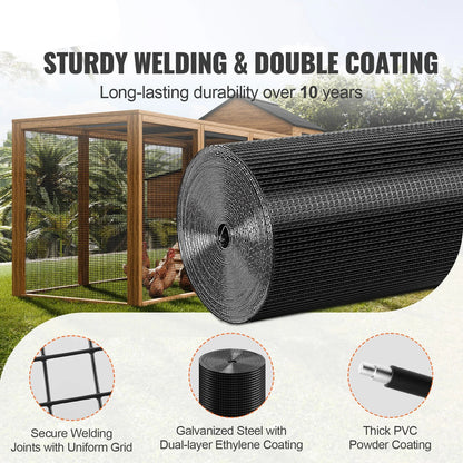 Tuingaas - Kippengaas - Kippengaas - Vogelgaas - Vogelnet - Gegalvaniseerd Gaasrol - 48"x50ft – 16Ga Met Vinylcoating – Stevig Metaaldraad Rooster voor Kippenren, Tuinomheining of Dierverblijf - Zwart