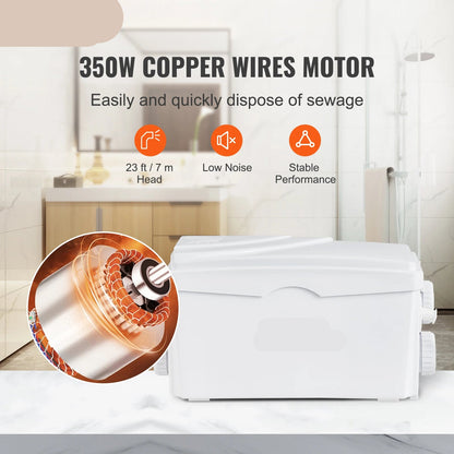 Macerator Pomp - Waterpomp - Vuilwaterpomp - 350W - 6000 L/u Capaciteit - 7m Opvoerhoogte - 3 Inlaten voor Afvalwater Verwerking - QUORE