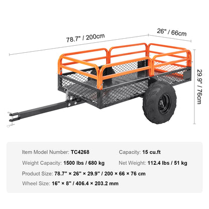Trekhaak Tuinkar - Kar - Transportwagen - Tandem Trailer - Heavy Duty Stalen ATV Dump Trailer - 15CuFt - Verwijderbare Zijkanten & Banden – Geschikt voor Maaiers & Tractoren