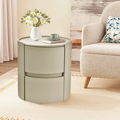 Rond Nachtkastje – Bijzettafel – Avondkastje – Opbergkast – Nachtmeubel – Wit – Massief Hout – 2 Lades – Lederachtig Tafelblad – Compact Design 45x45x50 cm