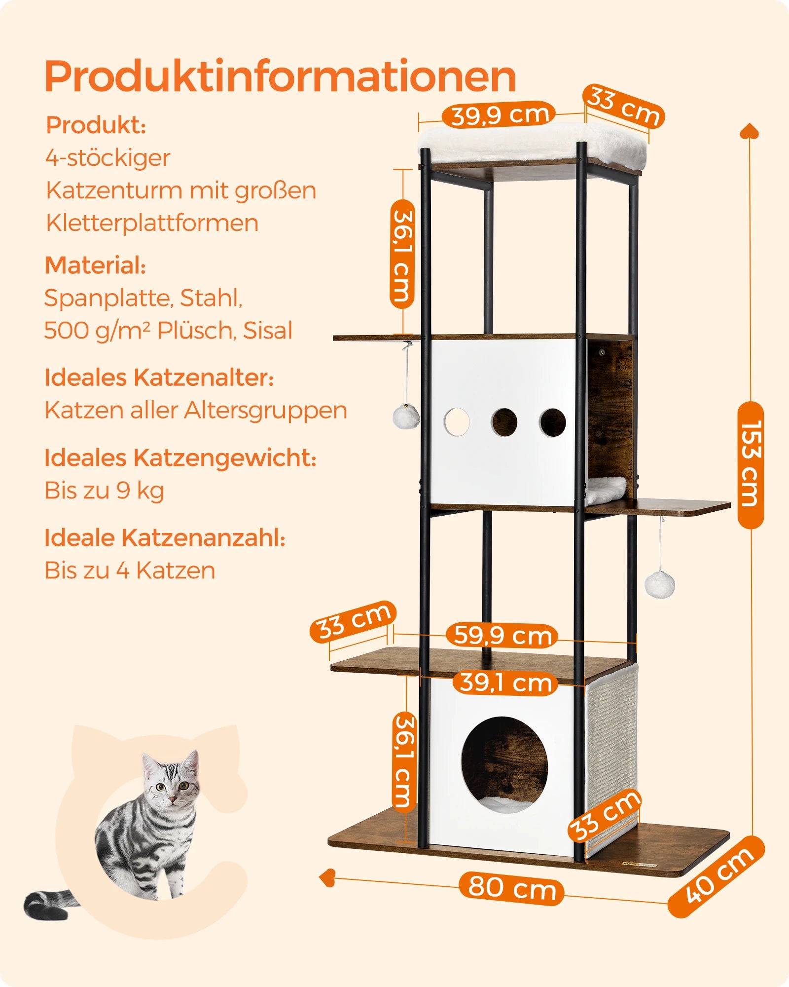 Krabpaal - Kattentoren - met Krabmat - Groot Platform - Perfect voor  Een Dutje Doen - Sporten - Spelen - Spaanplaat - Zacht pluche - 80 x 40 x 153 cm - Bruin/Wit - QUORE