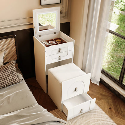 Kaptafel – Make-up Tafel – Slaapkamer Meubel – Opbergmeubel – Witte Spiegel – Instelbare LED-Verlichting – Opbergkruk