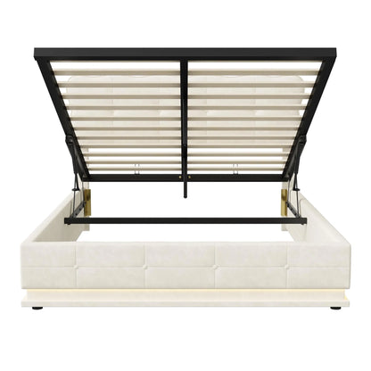 Velvet Bed – Fluwelen Bed – Bed Met Opbergruimte – Hydraulisch Bed – Warm Beige – 140x200 Cm – LED Sfeerverlichting