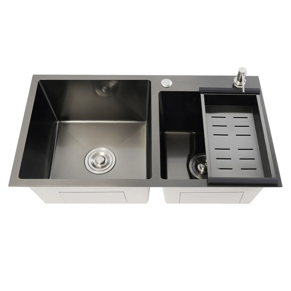 Dubbele Keukenspoelbak – Keukenspoelbak Zwart-Grijs – RVS Spoeltafel – Dubbele Spoelbak – Keukenwasbak – Groot Formaat – 304 Roestvrij Staal – Inclusief Zeepdispenser