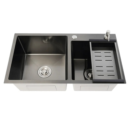 Dubbele Keukenspoelbak – Keukenspoelbak Zwart-Grijs – RVS Spoeltafel – Dubbele Spoelbak – Keukenwasbak – Groot Formaat – 304 Roestvrij Staal – Inclusief Zeepdispenser