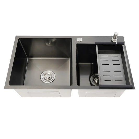 Dubbele Keukenspoelbak – Keukenspoelbak Zwart-Grijs – RVS Spoeltafel – Dubbele Spoelbak – Keukenwasbak – Groot Formaat – 304 Roestvrij Staal – Inclusief Zeepdispenser