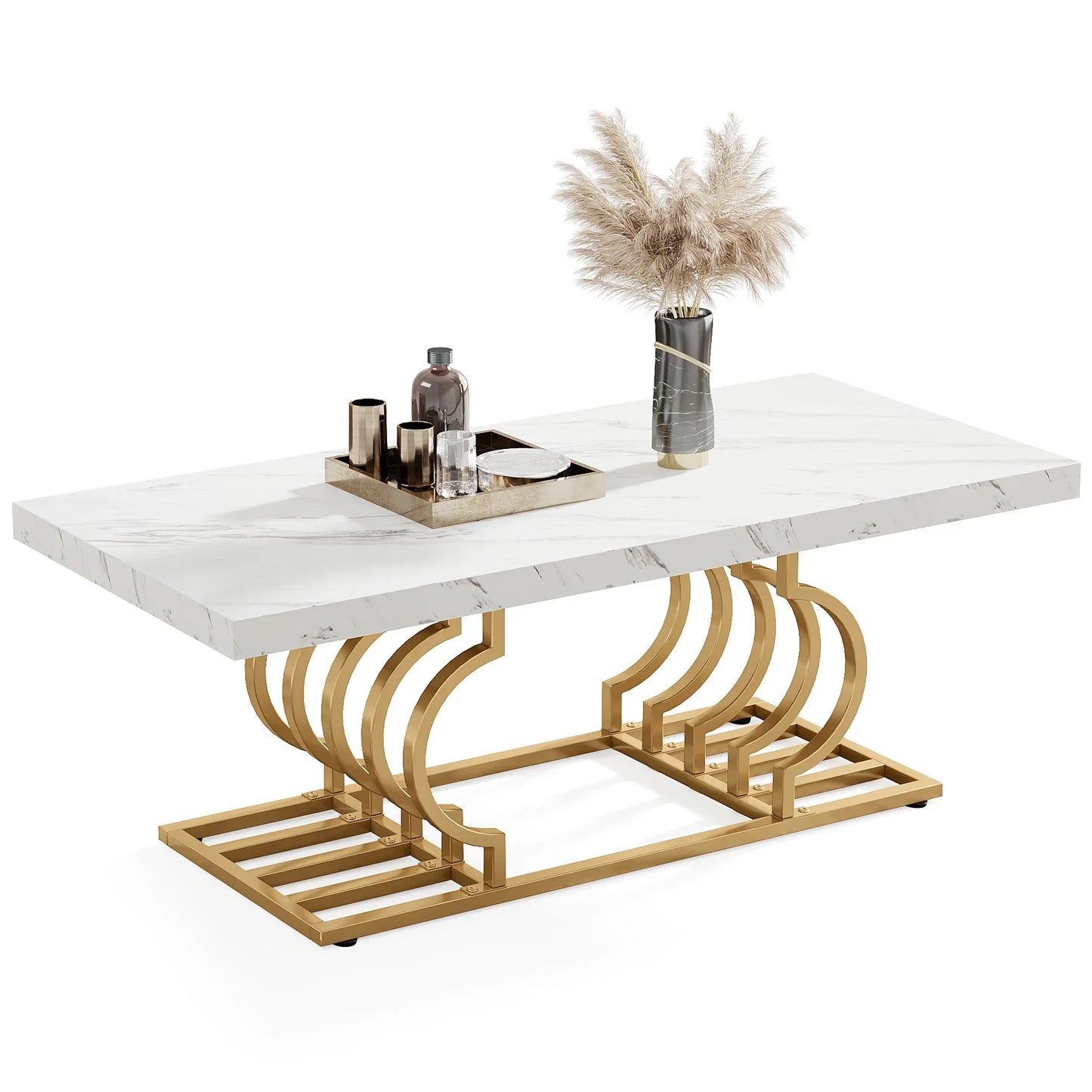 Salontafel – Koffietafel – Bijzettafel – Woonkamertafel – Tafel – Marmerlook Tafelblad – Geometrisch Metalen Frame – 120x60 cm – Lichtgewicht Design - QUORE
