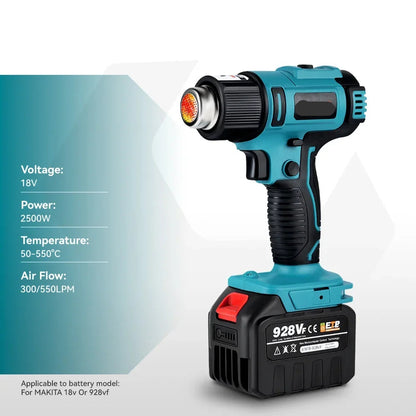 Heteluchtpistool - Verfafbrander – Heatgun - Heteluchtpistool - Draadloos - 2500W - 18V -  50-550°C Instelbaar – LED Temperatuurdisplay – 2 Warmtestanden – Zonder Batterij en Accessoires - QUORE