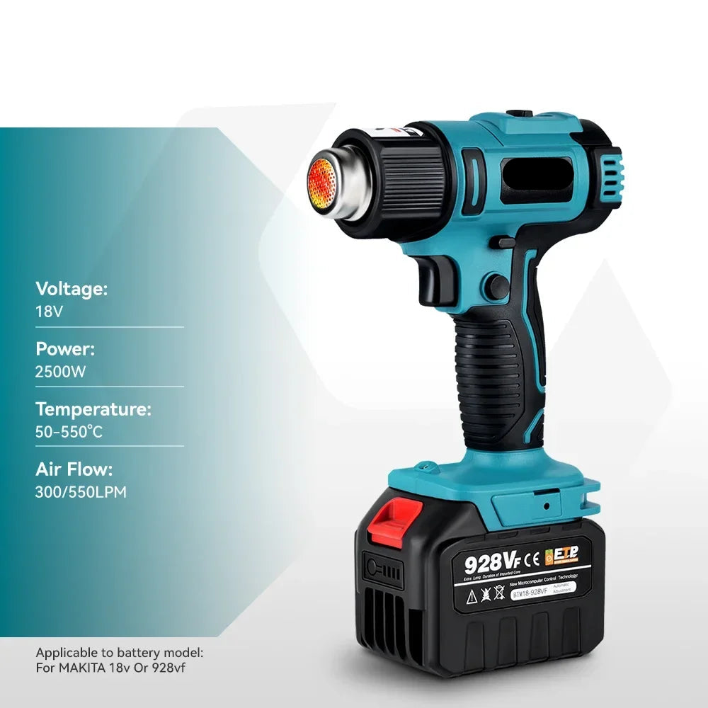 Heteluchtpistool - Verfafbrander – Heatgun - Heteluchtpistool - Draadloos - 2500W - 18V - 50-550°C Instelbaar – LED Temperatuurdisplay – Met 2 Accu’s en Accessoireset