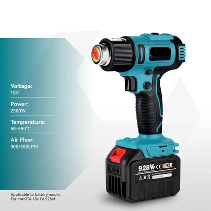 Heteluchtpistool - Verfafbrander – Heatgun - Heteluchtpistool - Draadloos - 2500W - 18V - 50-550°C Instelbaar – LED Temperatuurdisplay – Met 2 Accu’s en Accessoireset