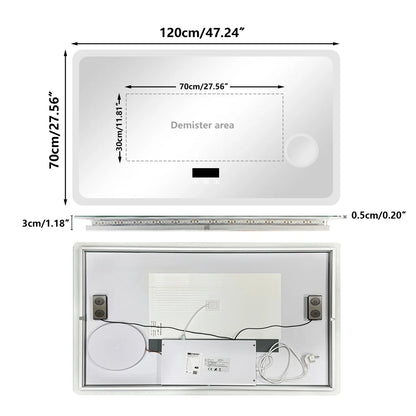 LED Badkamerspiegel – Badkamer Spiegel – Make-up Spiegel – Verlichte Spiegel – Bluetooth Spiegel – 120x70 cm – Dimbare LED Verlichting – 3x Vergrotingslens