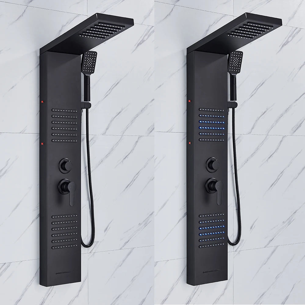 Douche - Regendouche - Douchewand - Douchekolom - Douchepanelen - Mat Zwarte LED Douchezuil - Waterval & Regendouche - Massagejets - Dubbele Bediening - Zwart - QUORE