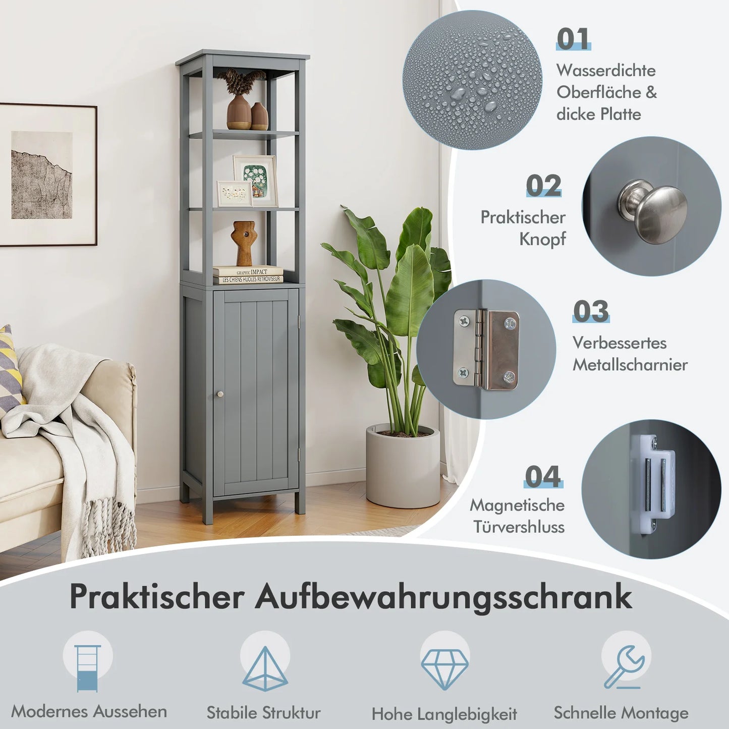 Hoge Kast met 5 Niveaus – Smalle Vrijstaande Badkamerkast met Verstelbare Planken & Deuren – Opbergkast voor Woonkamer of Badkamer – 40 x 32 x 160 cm – Grijs