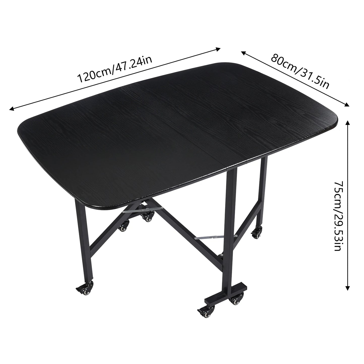 Multifunctional Foldable Dining Table Small Kitchen Table Black with 6 Brake Castors  in 3 Shapes 120 x 80 x 75 cm - QUORE