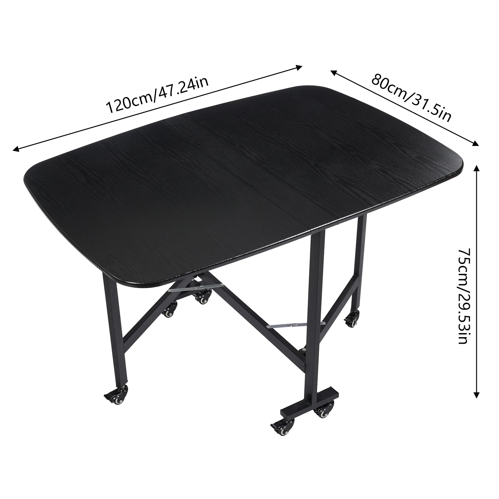Multifunctional Foldable Dining Table Small Kitchen Table Black with 6 Brake Castors  in 3 Shapes 120 x 80 x 75 cm - QUORE