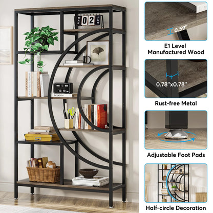 Boekenkast – Open Kast – Plankenrek – Opbergmeubel – Houten Frame – Industrieel Metalen Frame – 8-Laags Geometrisch Design - Bruin