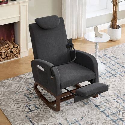Schommelstoel – Schommelstoel met Voetensteun – Relaxstoel – Lounge Stoel – Ouderenstoel – Donkergrijs Corduroy – Ergonomische Hoge Rugleuning – Uitklapbare Voetensteun