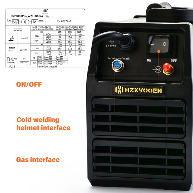 Hzxvogen - HBT2000P - Elektrisch lasapparaat - 200A - 4 in 1 - Aluminium Tig-lasmachine - ARC-kracht 2T-4T - Zwart