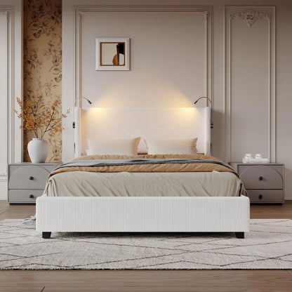 Corduroy Gestoffeerd Bed – Modern Bed – Zacht Bed – Met Hoofdeinde – Met USB Oplaadpoort – Houten Lattenbodem – Max 300 Kg - 140 x 200 cm - Beige
