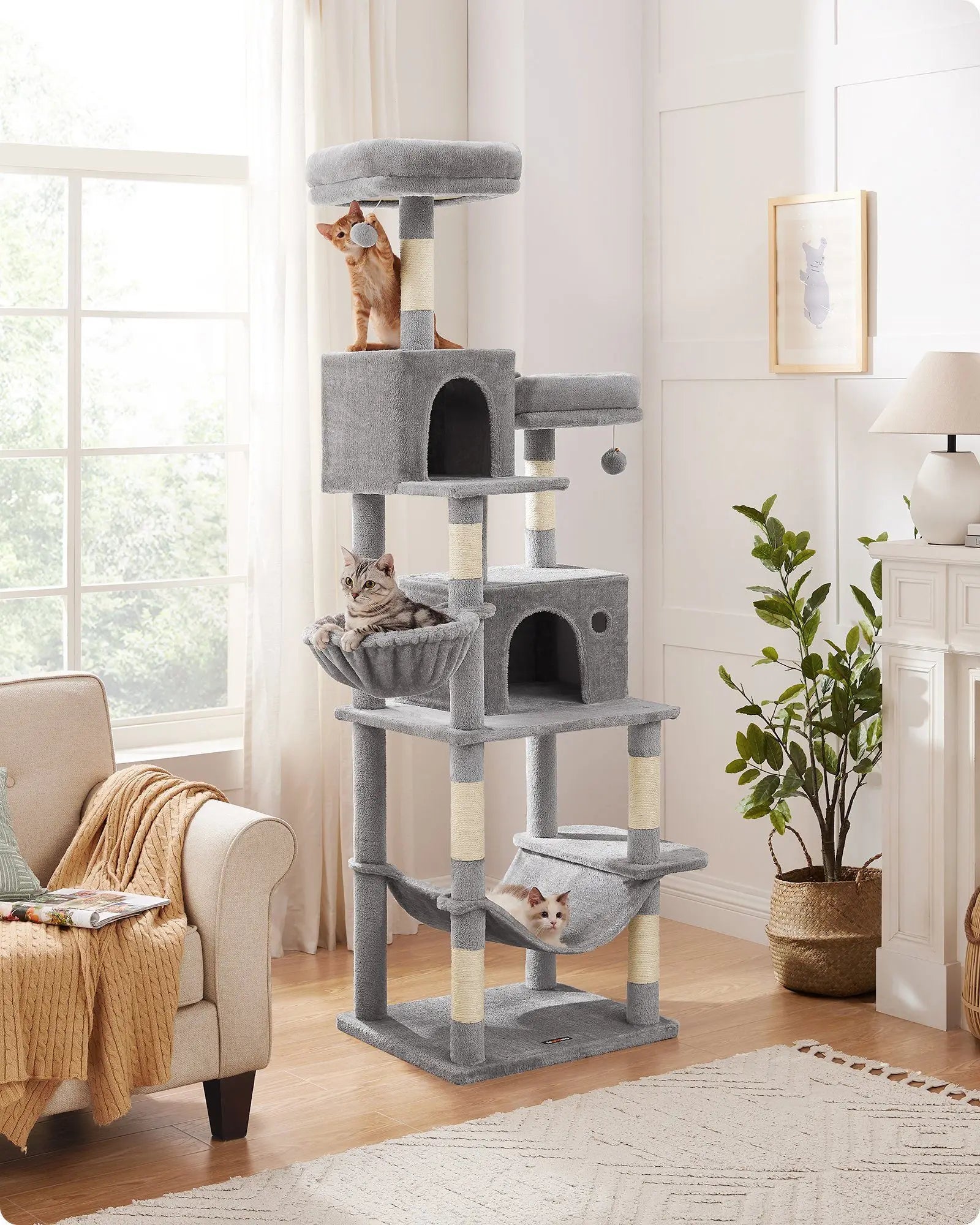 Krabpaal - Krabton - Krabmeubel - Kattentunnel - Kattenspeelgoed - 199cm - Inclusief Grote Ligplaats en Afneembare Hoezen – Lichtgrijs - QUORE