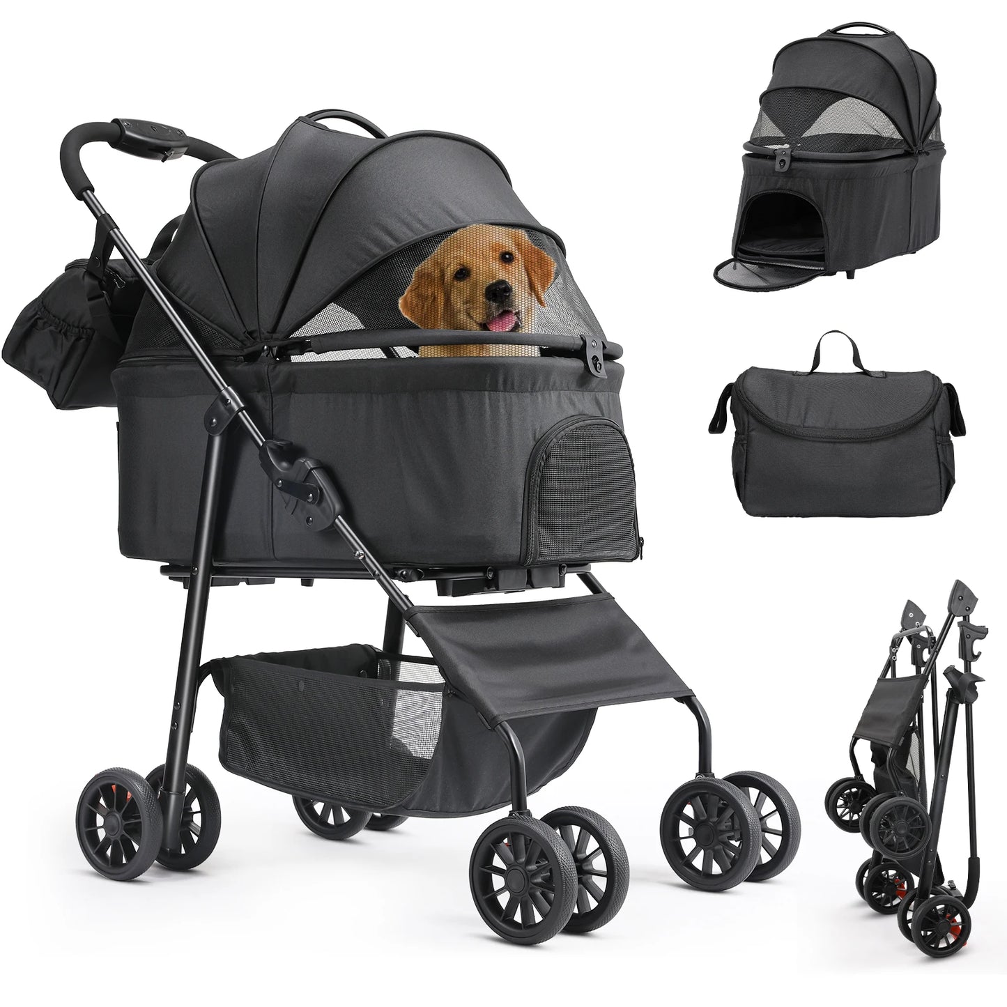 Hondenbuggy - 2-in-1 Wagen - Huisdieren - Vouwbare - Afneembare Reisdrager - en Autostoeltje - 360° Slijtvrije Rubberwielen - met Opbergmand - Gaasvensters - Drinkhouder - Voor Kleine Honden en Katten - Tot 40 kg - Zwart