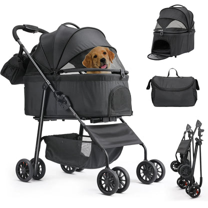 Hondenbuggy - 2-in-1 Wagen - Huisdieren - Vouwbare - Afneembare Reisdrager - en Autostoeltje - 360° Slijtvrije Rubberwielen - met Opbergmand - Gaasvensters - Drinkhouder - Voor Kleine Honden en Katten - Tot 40 kg - Zwart
