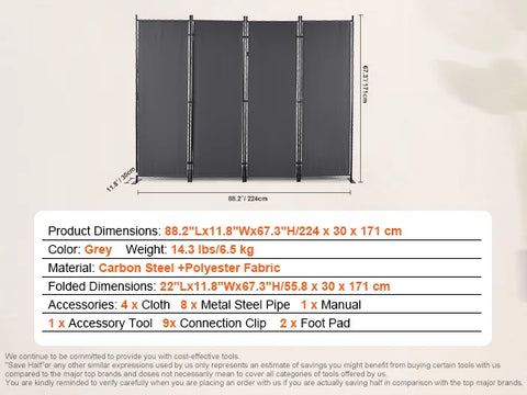 Kamerscherm - Scheidingswand - Scherm Partitie - Scheidingswand Kamerscherm - 4 Paneel - In Maat & Hoogte Verstelbaar Vrijstaand - Opvouwbaar - voor Kantoor Thuis - Gray