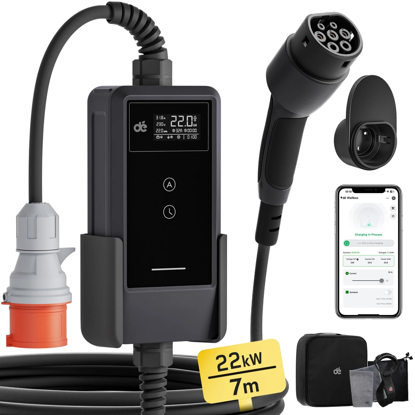 22KW EV Charger – Elektrische Autolader – Laadstation – Thuislader – Wall Mounted Ver. 7M Type 2 – 3-Fase 32A – Wifi App Besturing – 7 Meter Kabel