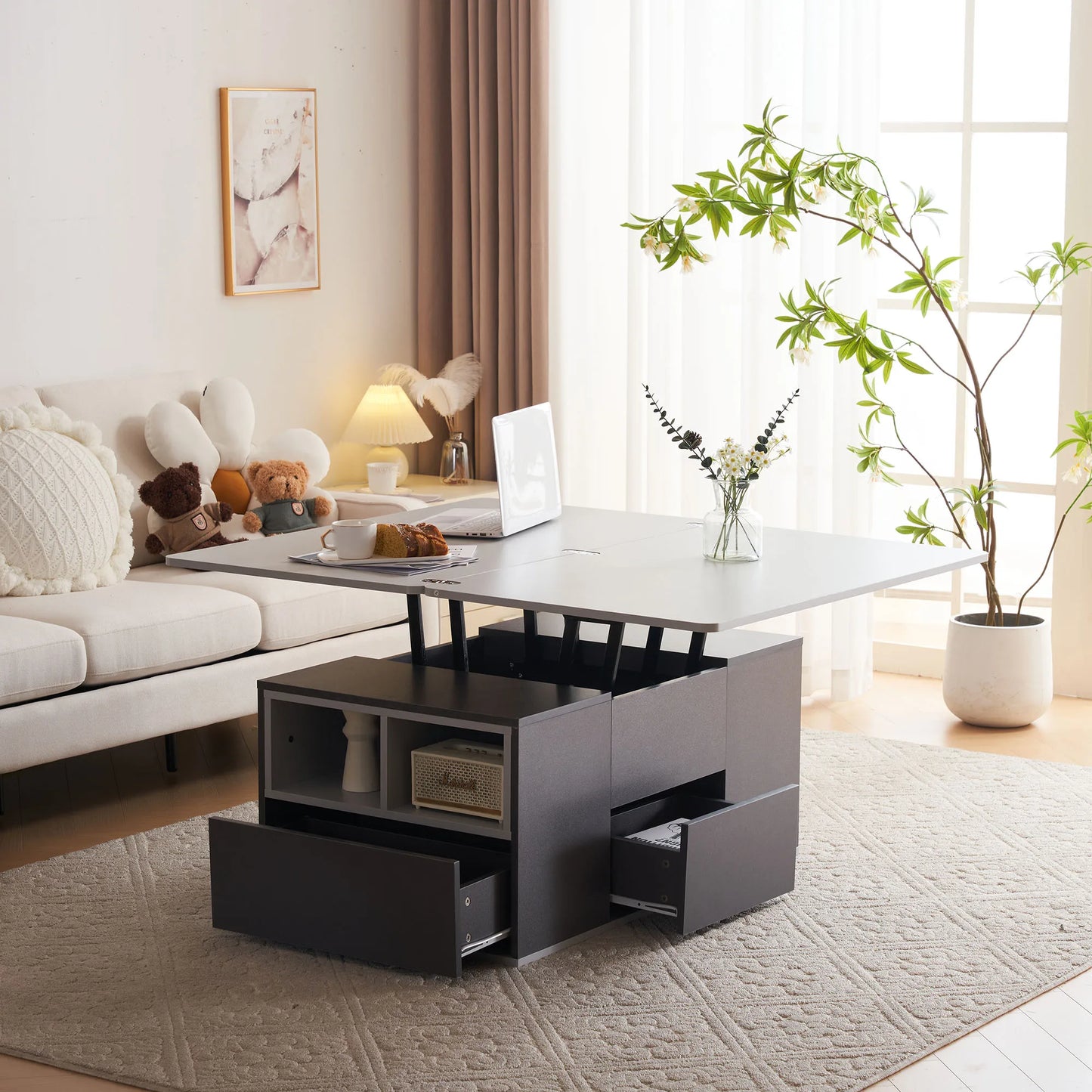 Multifunctionele Uitschuifbare Salontafel – Coffee Table – Woonkamertafel – Bijzettafel – Eettafel – Hoogteverstelbaar – Met 3 Lades en Open Opbergruimte