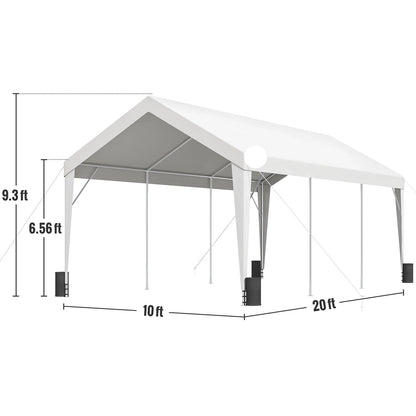 Garagetent - Partytent - Carport Tent - Tent - 10x20ft - Waterdichte - Auto Overkapping - Heavy Duty - Car Canopy - met 8 Verstevigde Palen - UV-bestendige Tarp - Stormvaste - voor Buiten - Wit