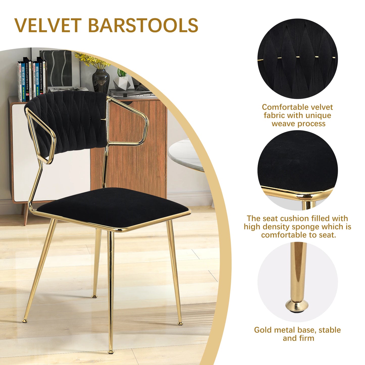 Eetkamerstoelen – Velvet Eetkamerstoelen – Fluwelen Stoelen – Design Stoelen – Luxe Stoelen – Ergonomisch Comfort – Metalen Poot Stabiel - 39 x 50 x 77 cm - Zwart