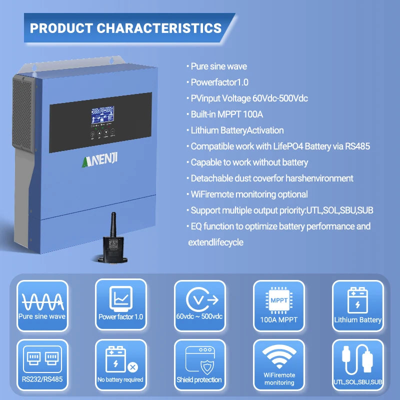Hybride Zonne-omvormer – Solar Inverter – Off-grid Omvormer – Zonnepanelen Omvormer – 24V Zonne-omvormer – 4 kW Vermogen – MPPT Solar Controller Met WiFi