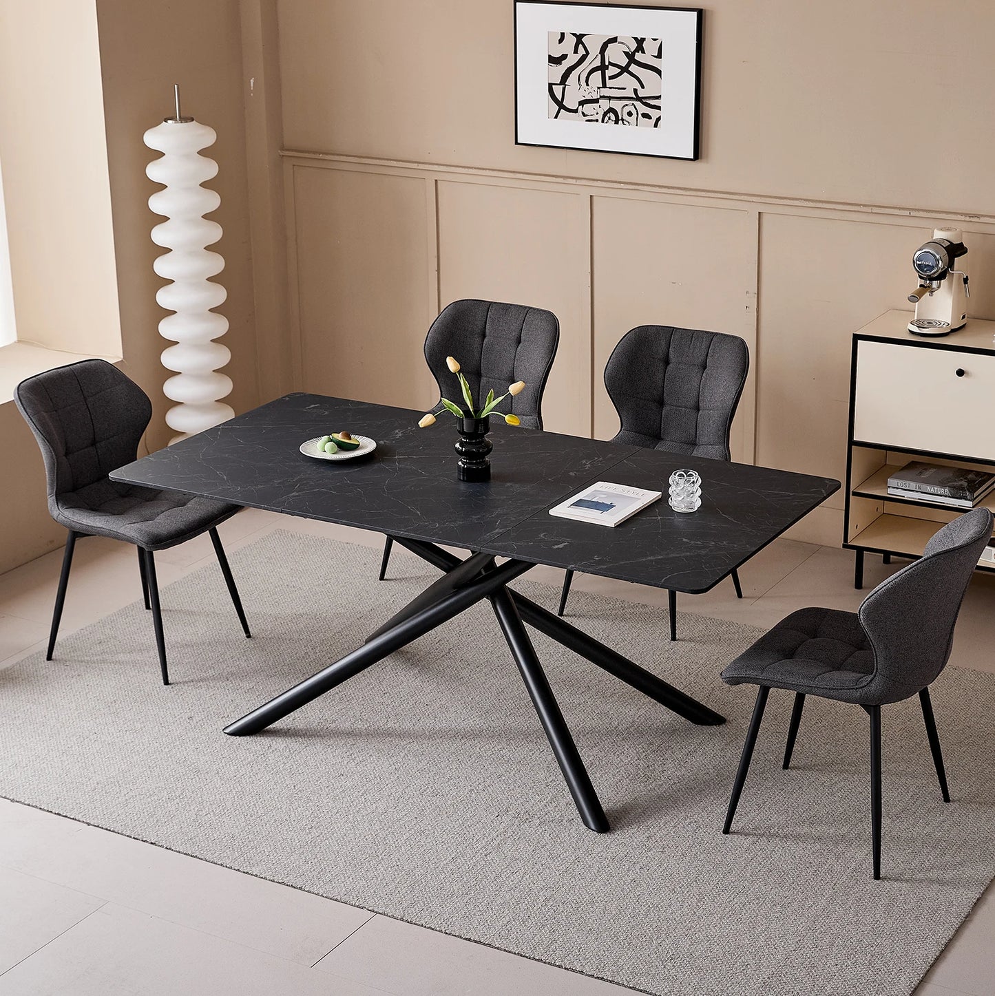 Eettafel – Dinertafel – Tafel – Eetkamertafel – Rechthoekige Blad – Imitatiesmarmeren Blad – Kruisframe Metaal - 180 x 90 x 76.5 cm - Zwart