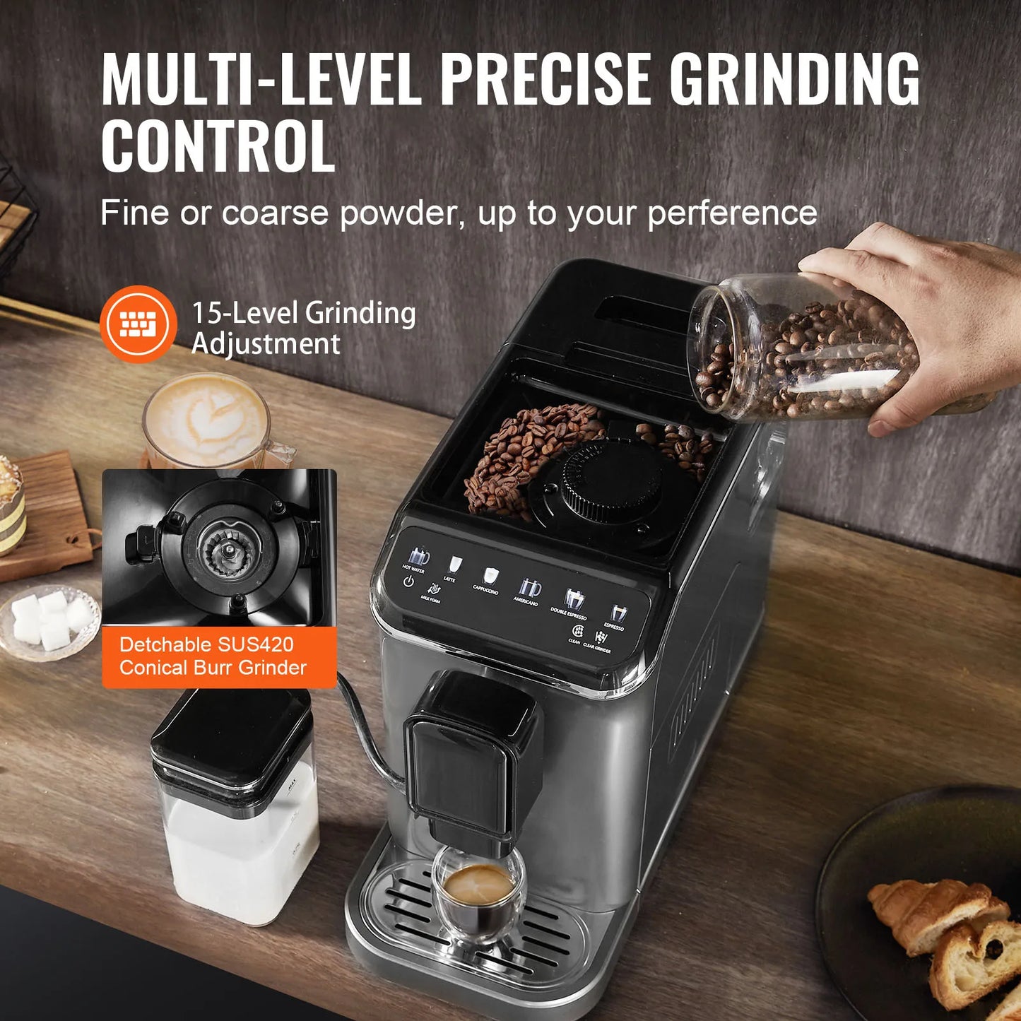 Volledig Automatische Espressomachine – Koffiemachine – Espressoapparaat – Melkopschuimer – Barista Machine – 20 Bar Druk – 15 Maalinstellingen