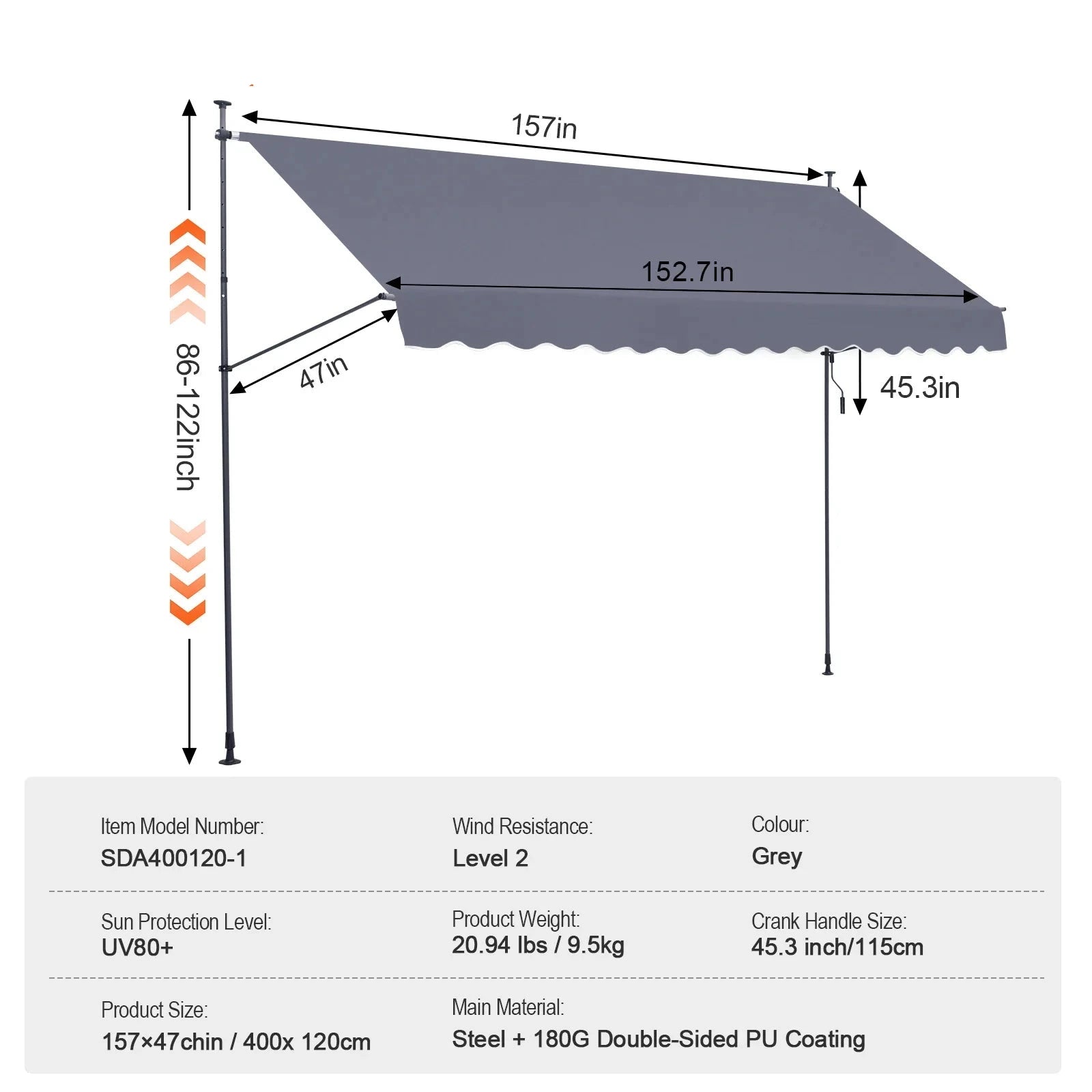 Klemluifel - Balkonluifel - Zonneluifel - Terras-luifel - Waterdicht UV80+ Bescherming - aluminium frame - Handzwengel - Buiten - 157x47inch - voor Balkon - Tuin - en Terras - QUORE
