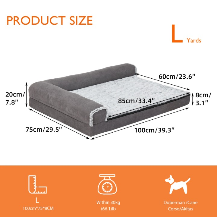 Hondenbed - Hondenbank - Bolster Hondensofa -Slaapbank - Pet Bed - Orthopedische - L-Vorm - Met Afneembare Wasbare Hoes - 100% Katoen - L - 100 x 75 x 20 cm - Grijs