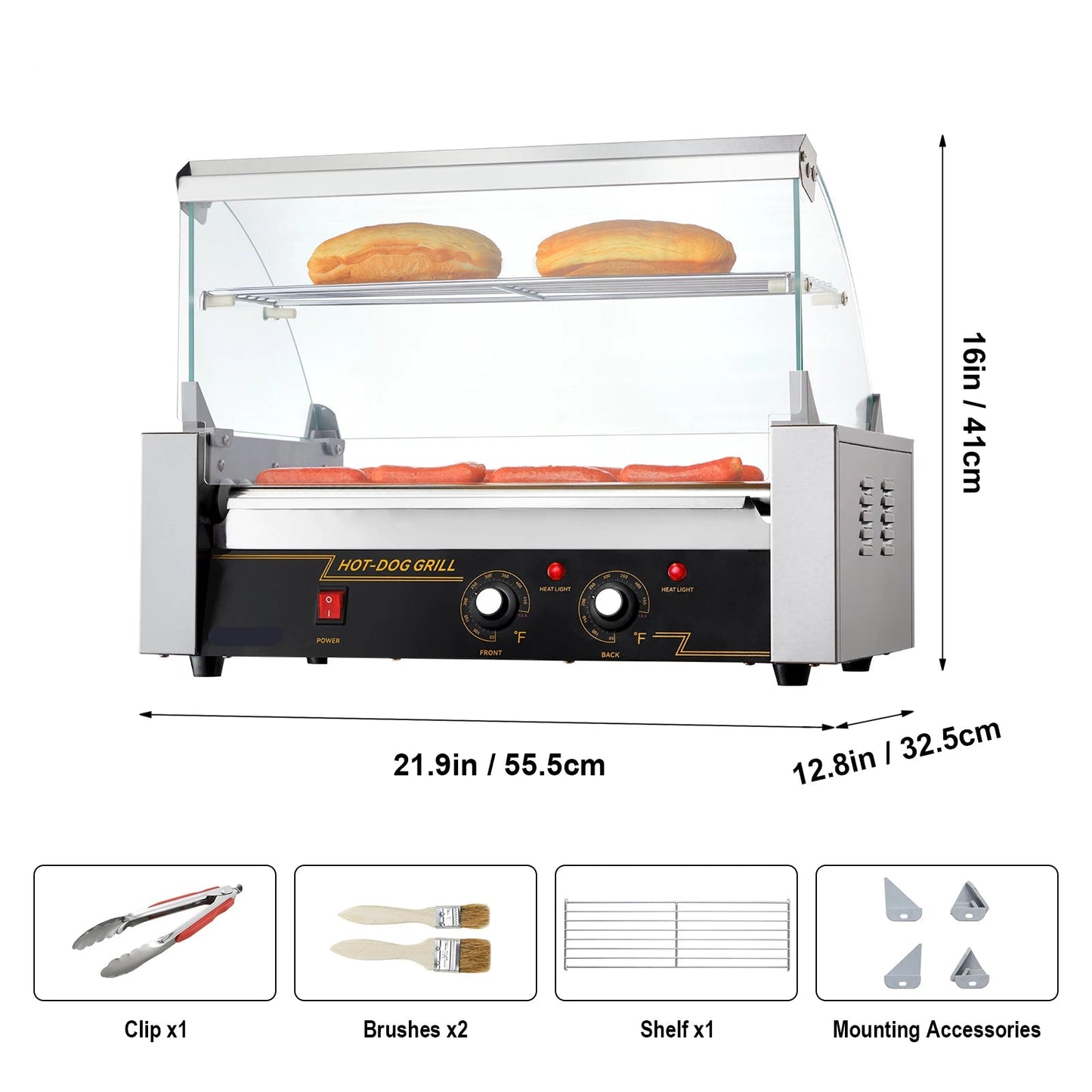 Hotdog Grill Machine - Hotdog Grill - Hotdogroller - 7 RVS Rollen - 750W - Elektrische Grill - met Deksel - Twee Temperatuurregelaars - Spatwand en plank - voor Keuken - en Feestjes - Capaciteit 12 Stuks