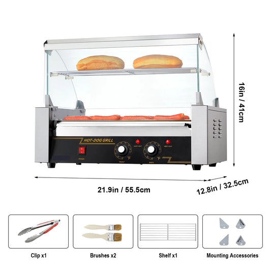 Hotdog Grill Machine - Hotdog Grill - Hotdogroller - 7 RVS Rollen - 750W - Elektrische Grill - met Deksel - Twee Temperatuurregelaars - Spatwand en plank - voor Keuken - en Feestjes - Capaciteit 12 Stuks