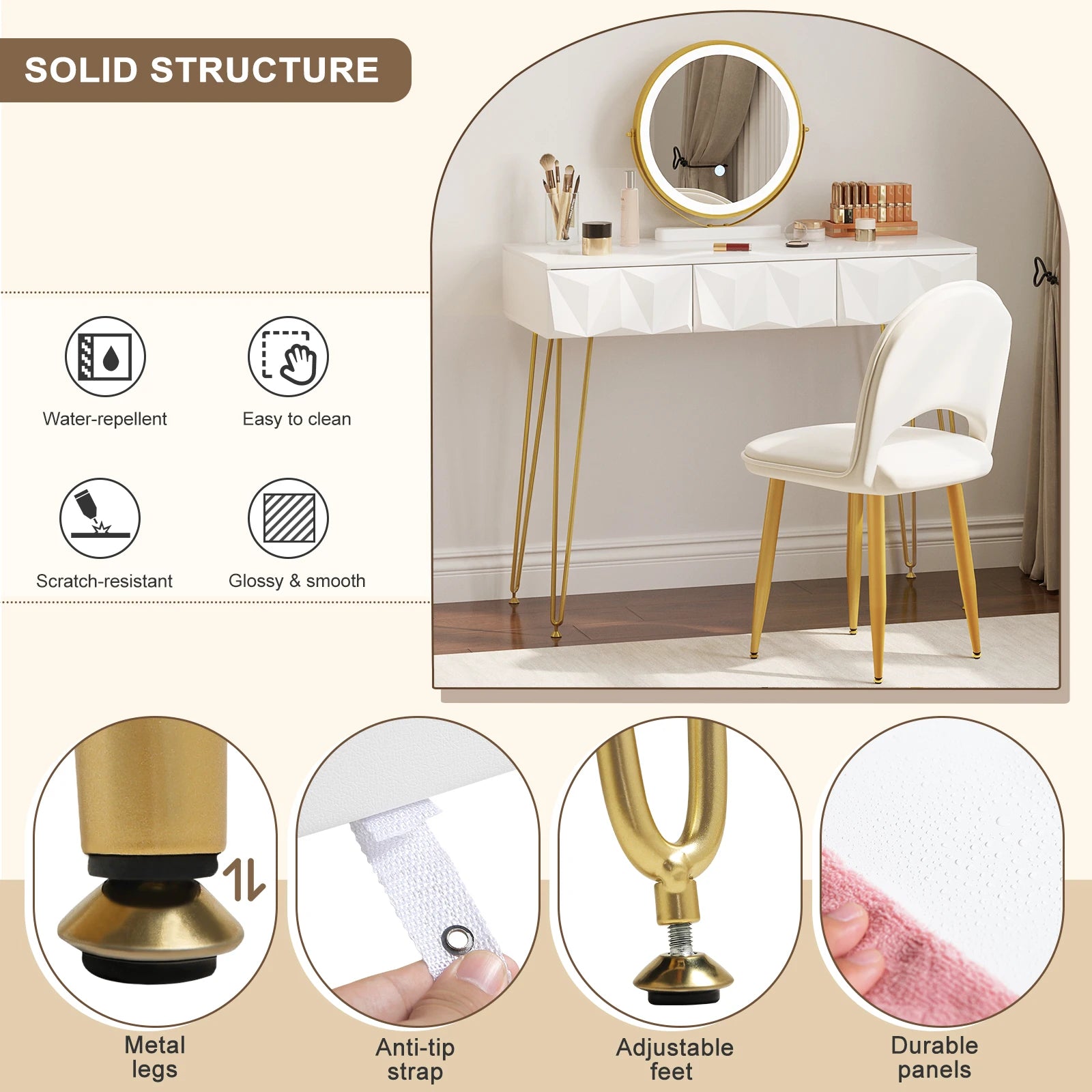 Make-Uptafel – Make-Up Meubel – Schminktafel – Beautytafel – Met Led-Verlichting – 3 Ruime Laden – Velvet Stoel - QUORE