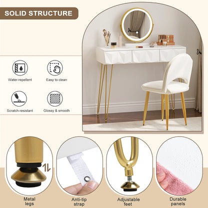 Make-Uptafel – Make-Up Meubel – Schminktafel – Beautytafel – Met Led-Verlichting – 3 Ruime Laden – Velvet Stoel - QUORE