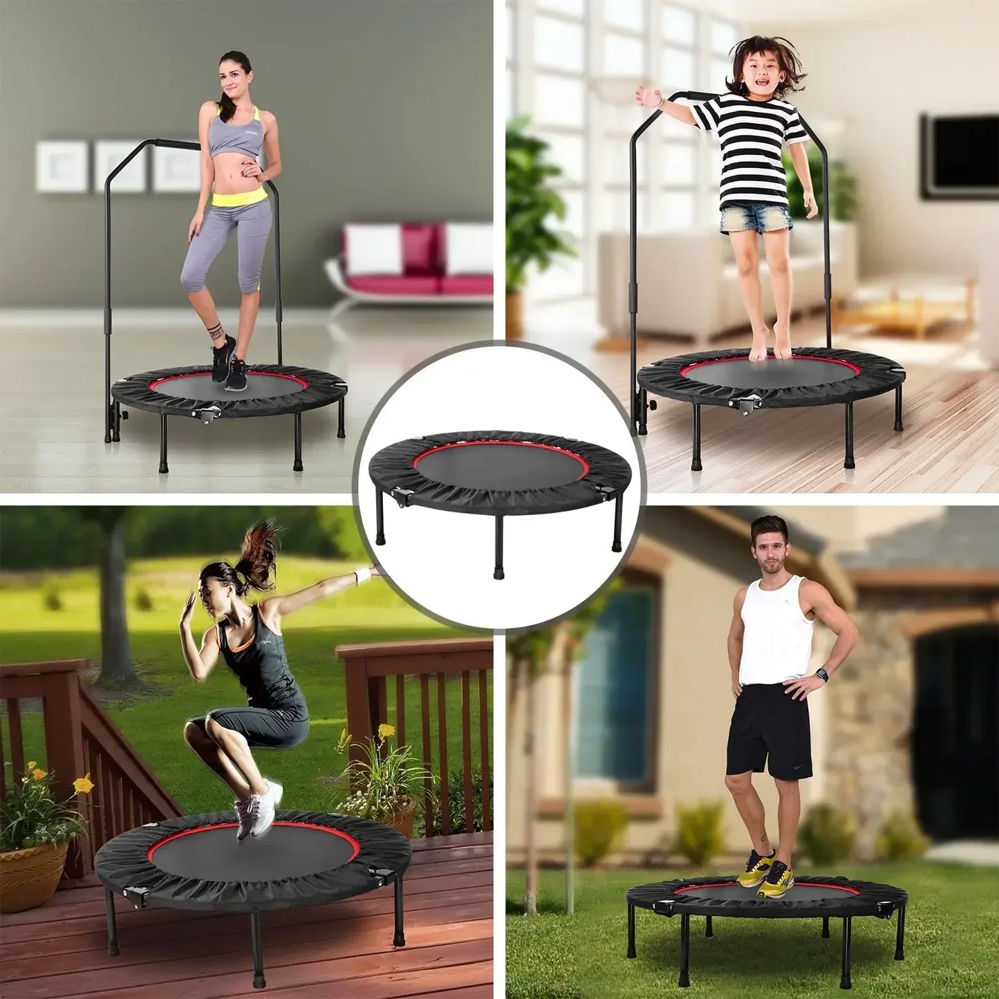 Fitness Trampoline - Mini Trampoline - Opvouwbaar Ontwerp - 40 Inch - Met Verstelbare Handgreep - Indoor Rebounder - Rubberen Antislip Voetjes - Voor Sport - Cardio Workout - Max 150 kg - Black en Blauw - QUORE