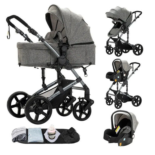 3-in-1 Kinderwagen – Babywagen – Wandelwagen – Autostoeltje – Wieg – Lichtgewicht & Opvouwbaar – Duurzaam Linnen – Ivoor