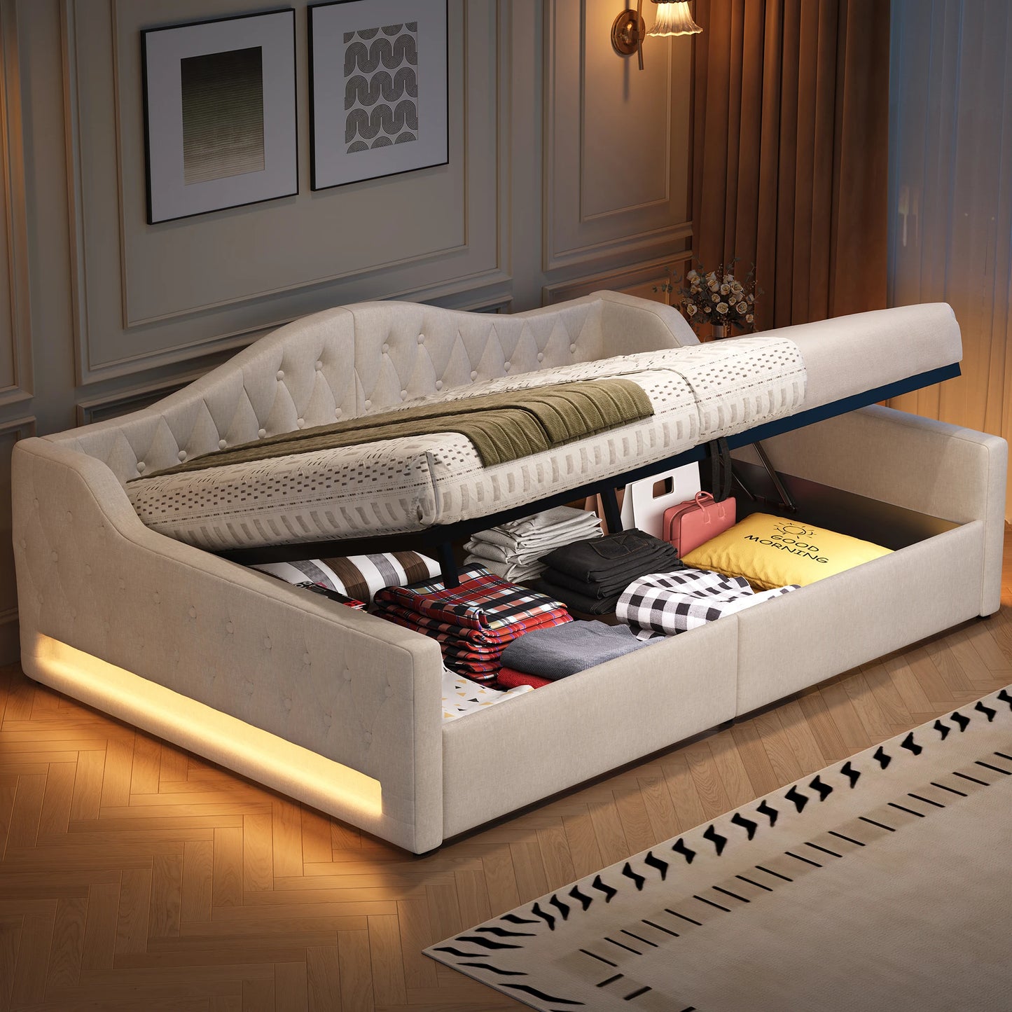 Eenpersoonsbed – Bedframe – Eenpersoonsbed Met Opberglade – Slaapbed – Kinderbed – 140x200 CM – Linnen Bekleding – Verstelbare 7-Kleurige Led-Verlichting