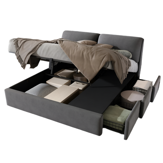 Velours Bed – Slaapbed – Opbergbed – Eenpersoonsbed – Houten Bedframe – Hydraulisch Opbergvak – 160x200 cm – Grijs