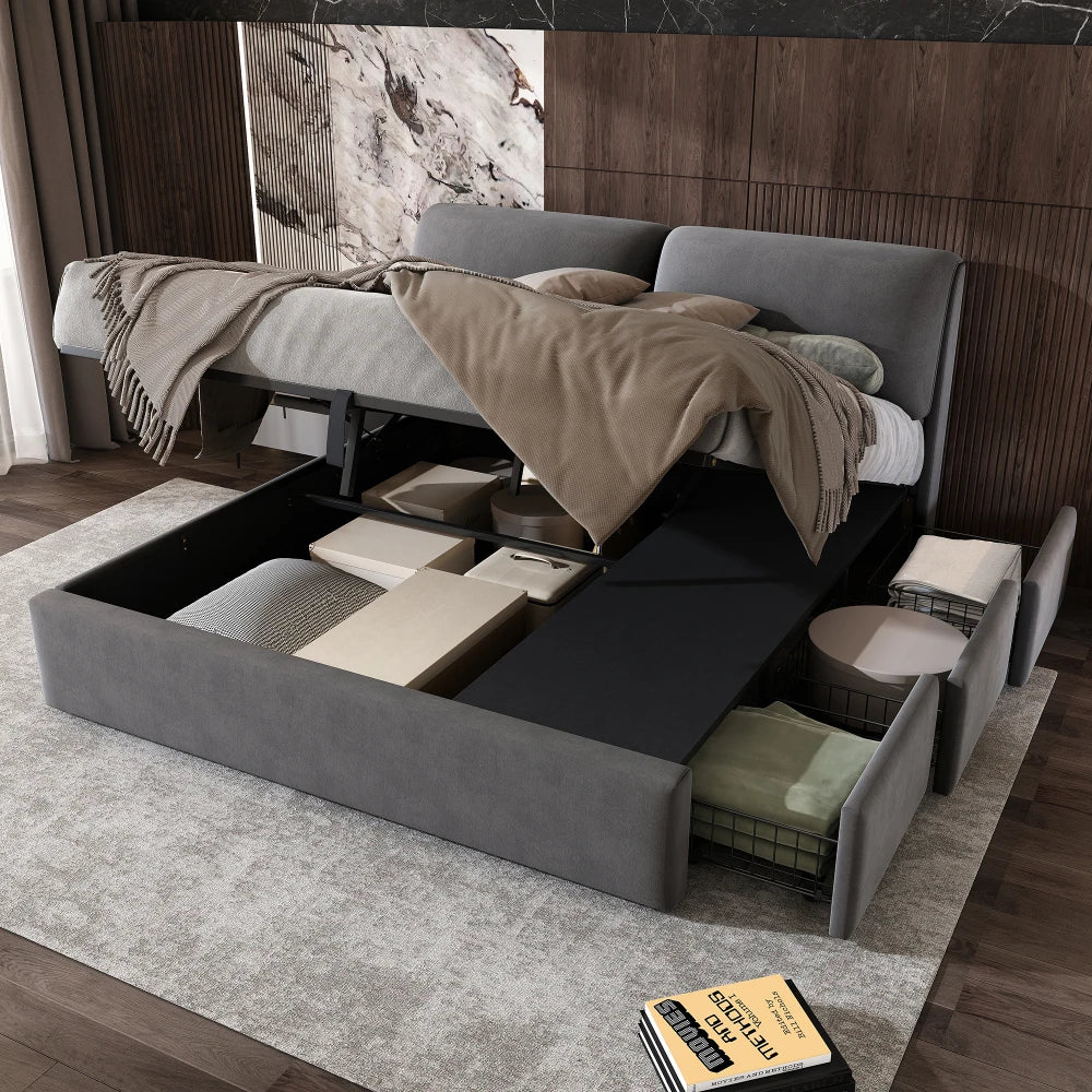 Velours Bed – Slaapbed – Opbergbed – Eenpersoonsbed – Houten Bedframe – Hydraulisch Opbergvak – 160x200 cm – Grijs
