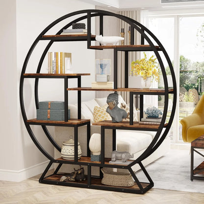 Ronde Boekenkast – Boekenplank – Boekenkast Industrieel – Etagère – Open Kast – 160 cm Hoogte – Metalen Frame en Houten Planken