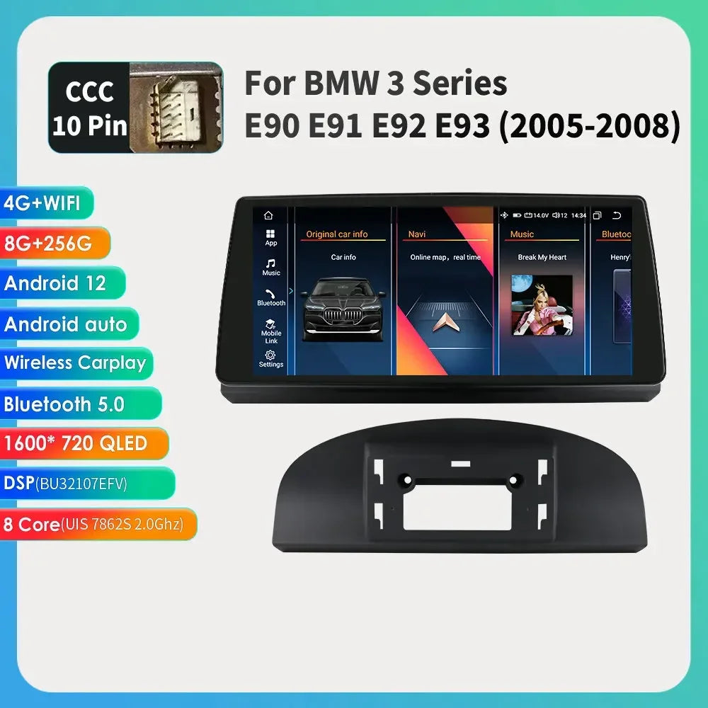 2DIN Android Autoradio – Multimedia Systeem – Navigatie Speler – Auto Radio – Touchscreen Radio – Geschikt Voor BMW 3- & 5-Serie E90 05-08 CCC – 10,33 Inch QLED Scherm – Android 12 Met 8GB RAM & 128GB Opslag