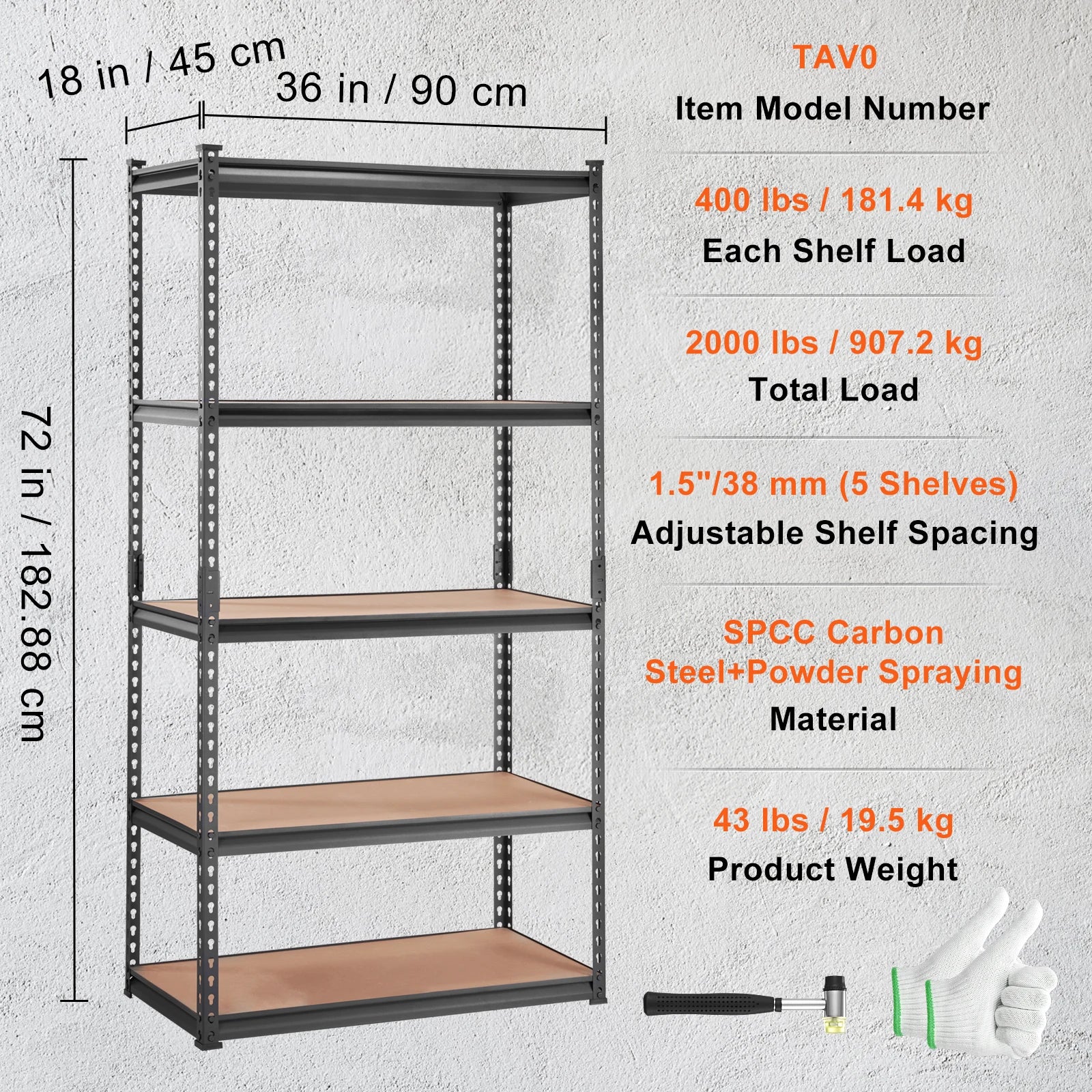 Opslagrek Metaal - Metalen Stellingkast - 5 Laags - Heavy Duty - Verstelbare Planken - Industriële Opbergrek - Voor Garage - Keuken - Magazijn - 18 x 36 x 72inch - QUORE