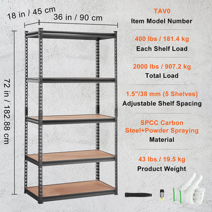 Opslagrek Metaal - Metalen Stellingkast - 5 Laags - Heavy Duty - Verstelbare Planken - Industriële Opbergrek - Voor Garage - Keuken - Magazijn - 18 x 36 x 72inch - QUORE